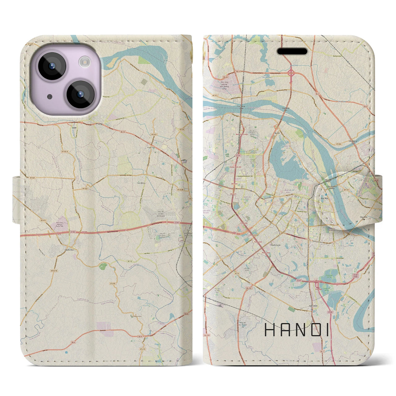 【ハノイ】地図柄iPhoneケース（手帳両面タイプ・ナチュラル）iPhone 14 用