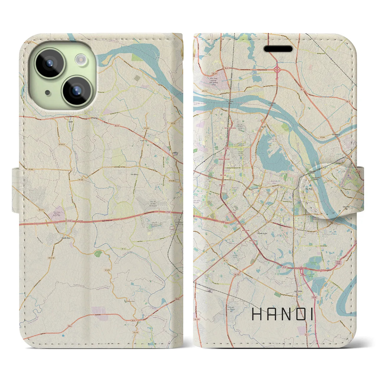【ハノイ】地図柄iPhoneケース（手帳両面タイプ・ナチュラル）iPhone 15 用
