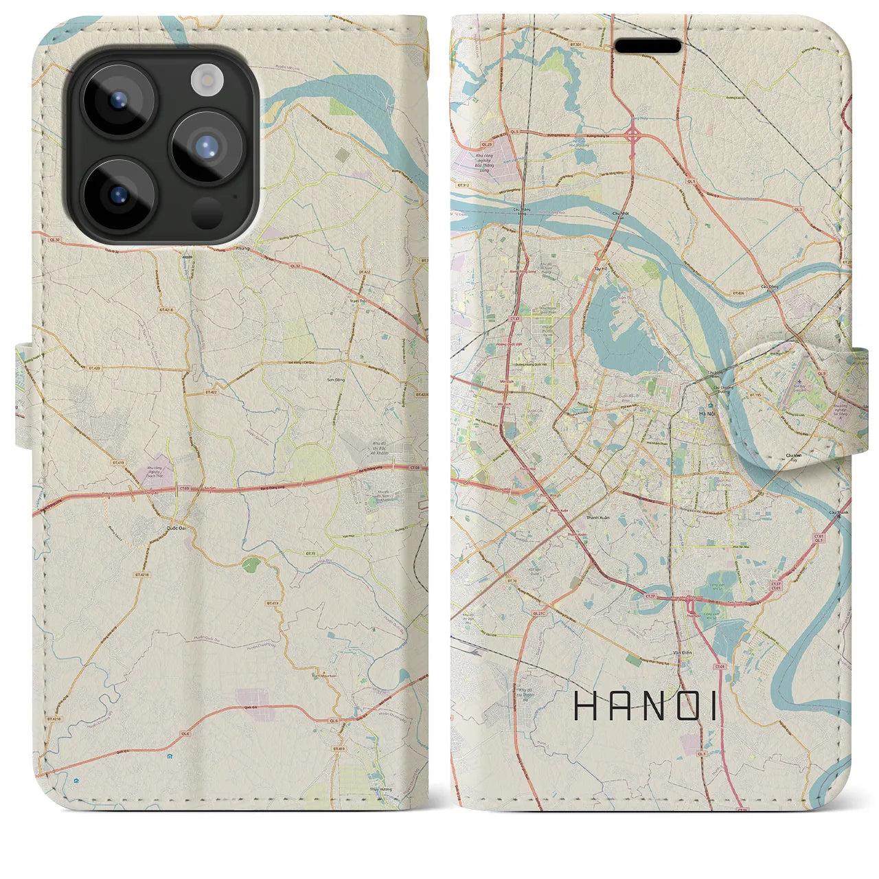 【ハノイ】地図柄iPhoneケース（手帳両面タイプ・ナチュラル）iPhone 15 Pro Max 用