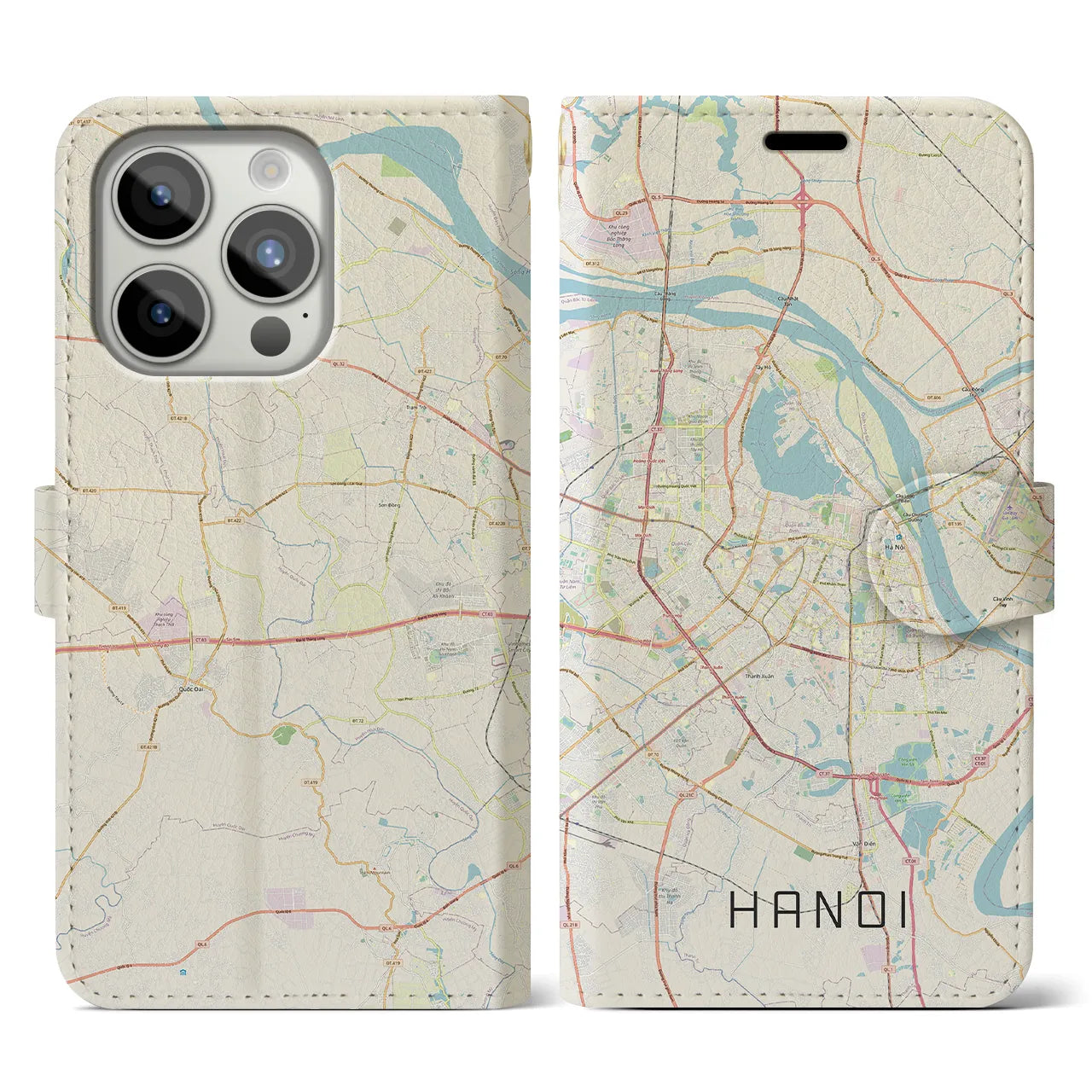 【ハノイ】地図柄iPhoneケース（手帳両面タイプ・ナチュラル）iPhone 15 Pro 用