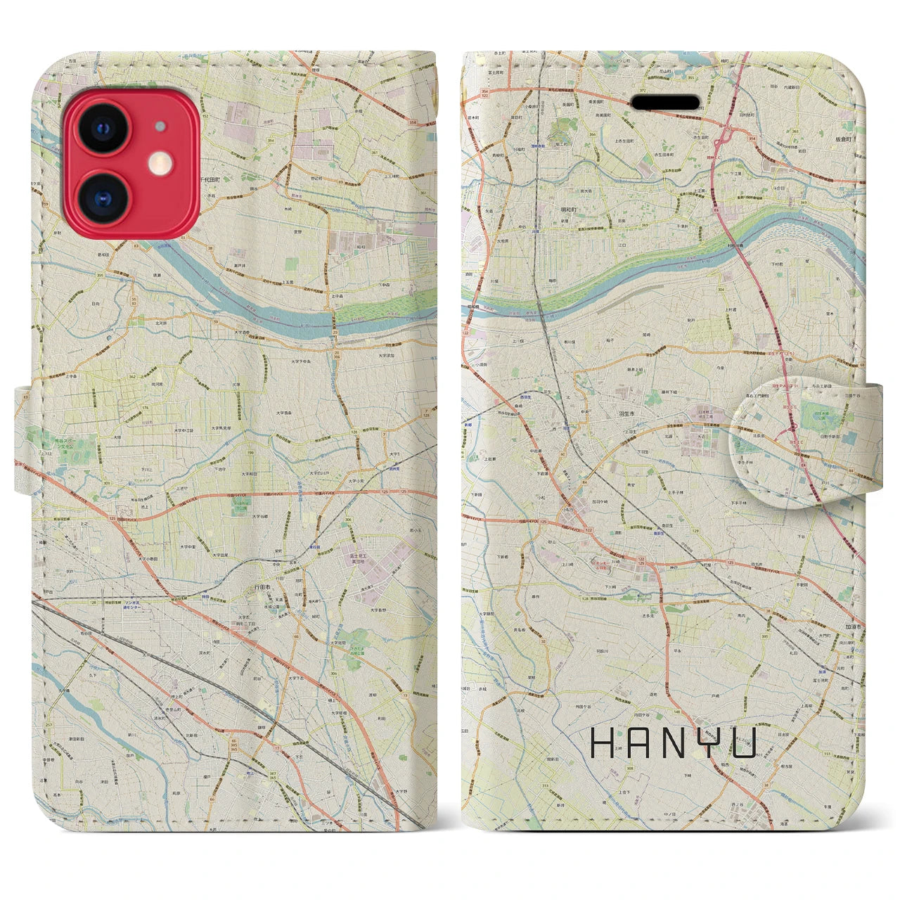 【羽生】地図柄iPhoneケース（手帳両面タイプ・ナチュラル）iPhone 11 用