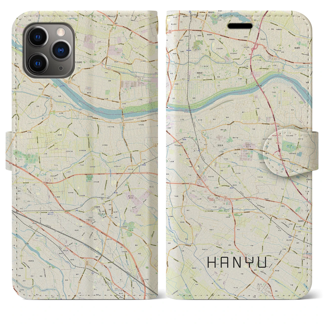 【羽生】地図柄iPhoneケース（手帳両面タイプ・ナチュラル）iPhone 11 Pro Max 用
