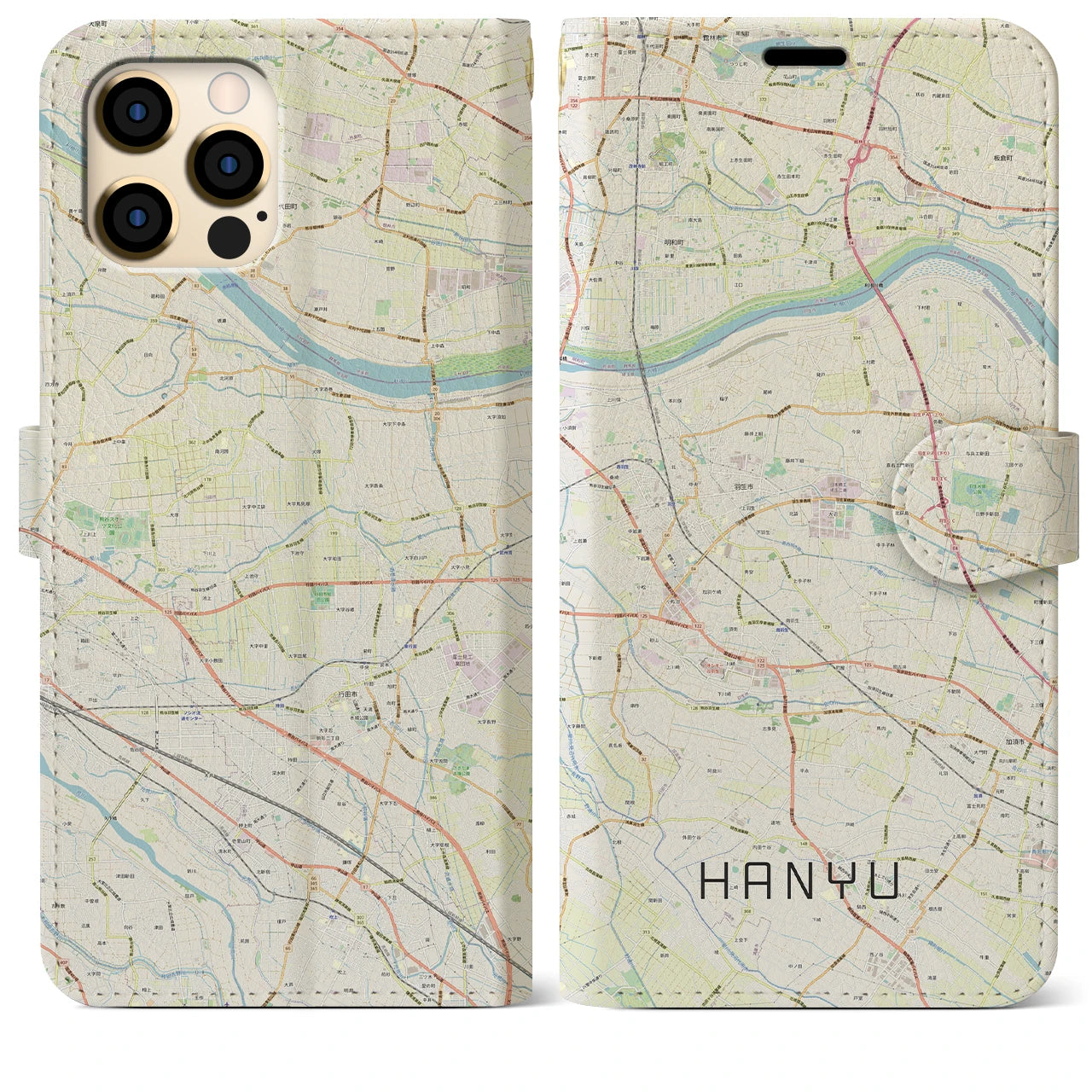 【羽生】地図柄iPhoneケース（手帳両面タイプ・ナチュラル）iPhone 12 Pro Max 用