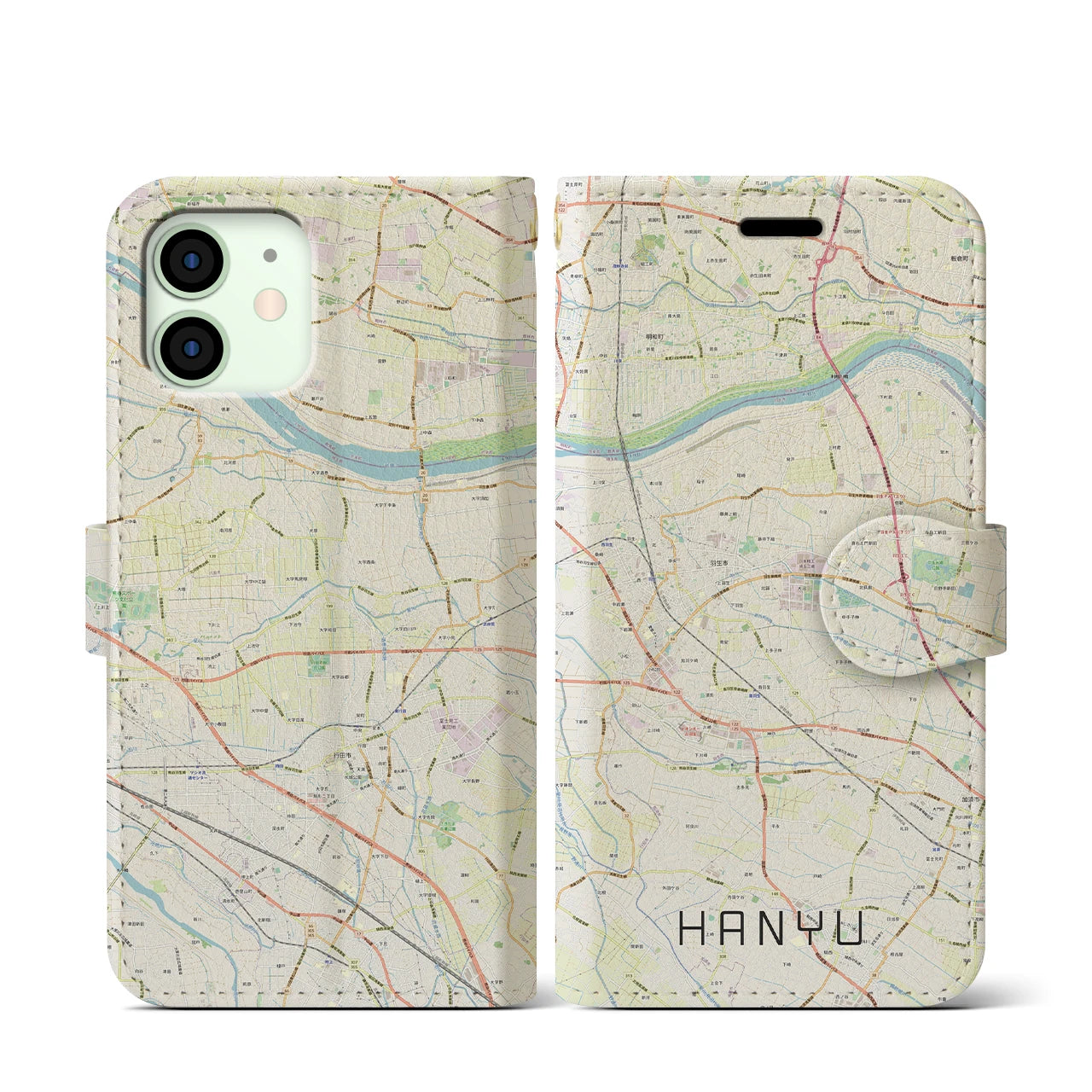 【羽生】地図柄iPhoneケース（手帳両面タイプ・ナチュラル）iPhone 12 mini 用