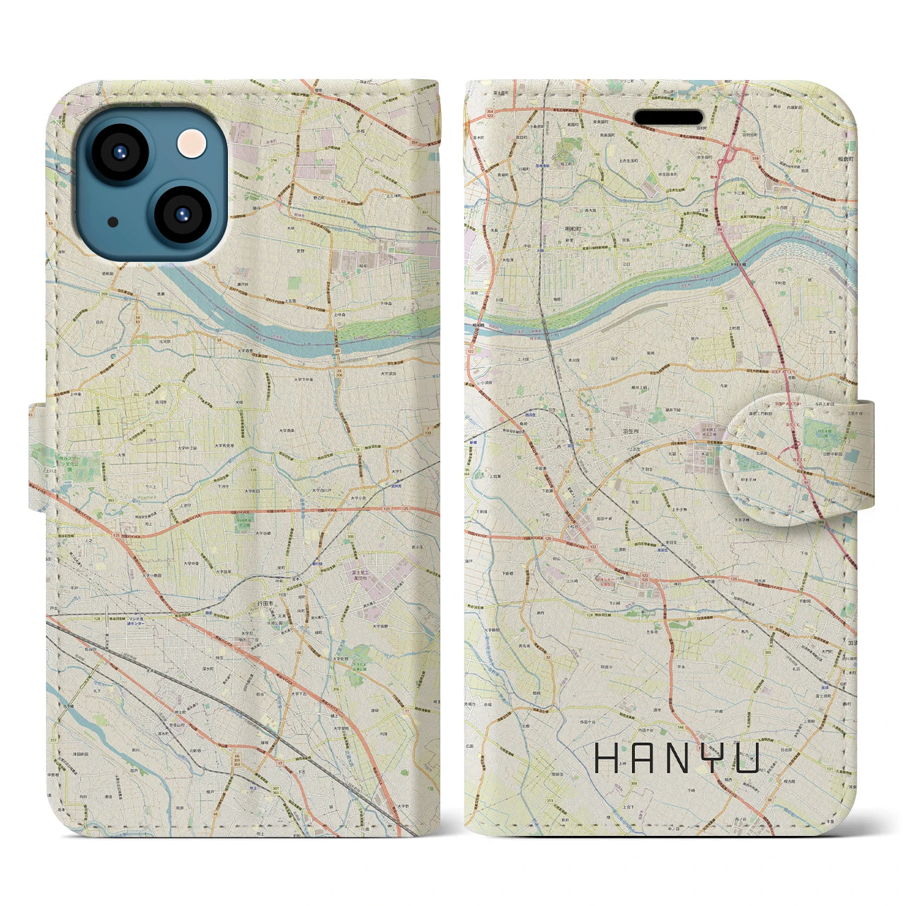 【羽生】地図柄iPhoneケース（手帳両面タイプ・ナチュラル）iPhone 13 用