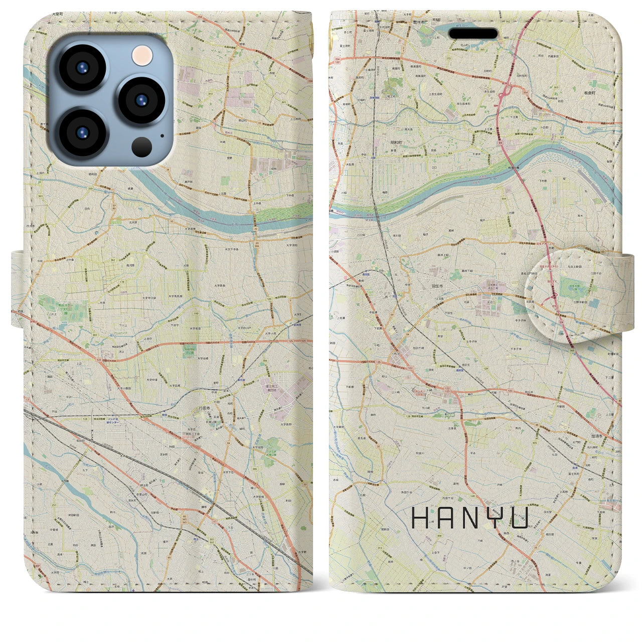 【羽生】地図柄iPhoneケース（手帳両面タイプ・ナチュラル）iPhone 13 Pro Max 用