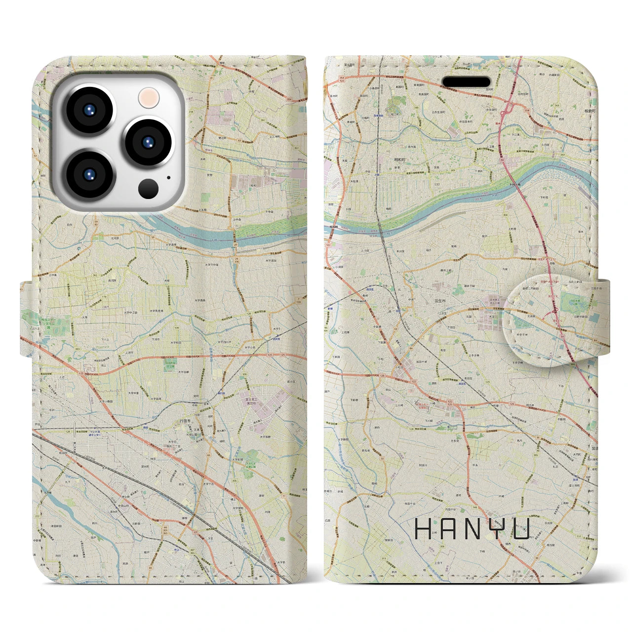 【羽生】地図柄iPhoneケース（手帳両面タイプ・ナチュラル）iPhone 13 Pro 用