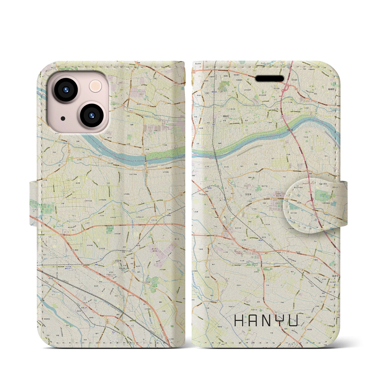 【羽生】地図柄iPhoneケース（手帳両面タイプ・ナチュラル）iPhone 13 mini 用