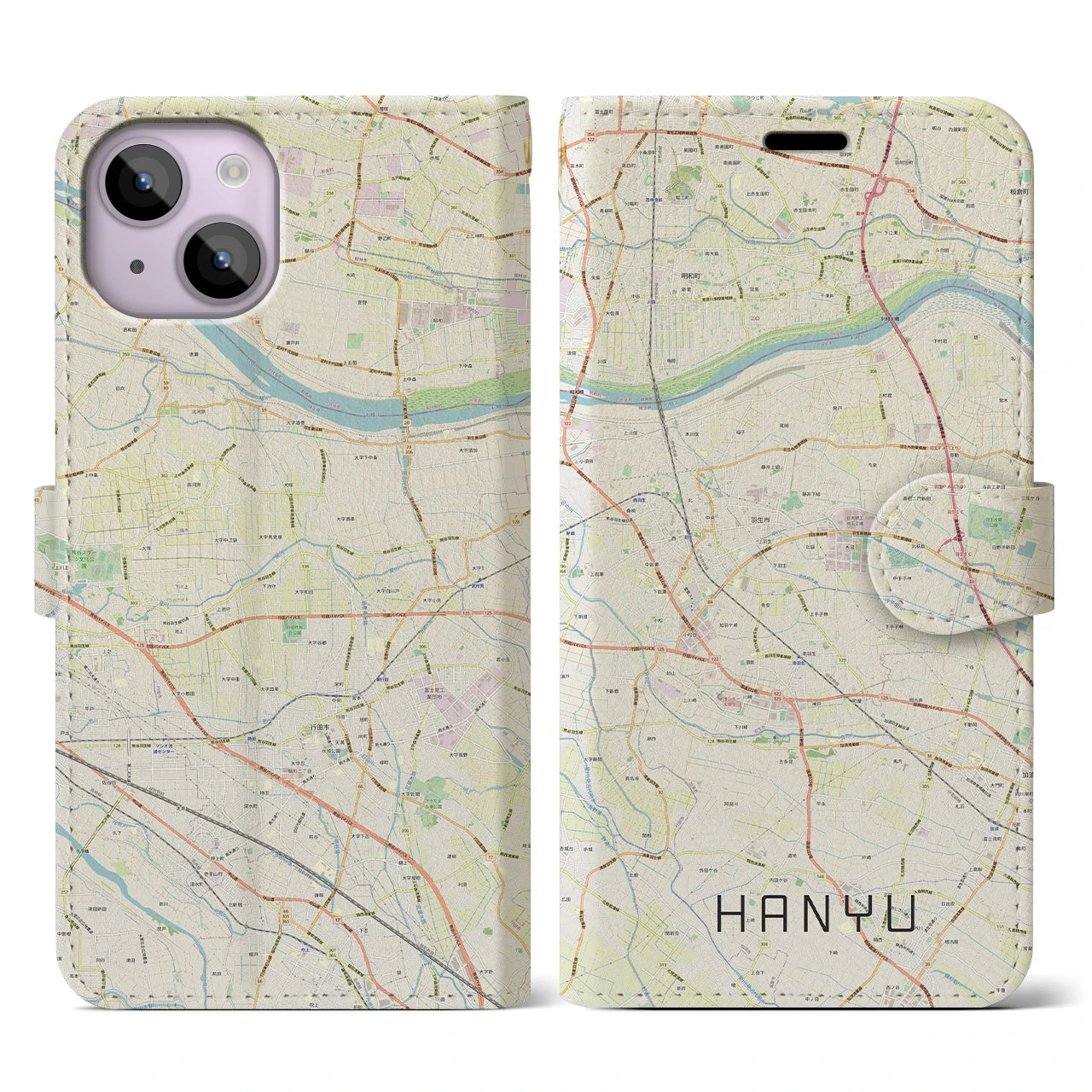 【羽生】地図柄iPhoneケース（手帳両面タイプ・ナチュラル）iPhone 14 用