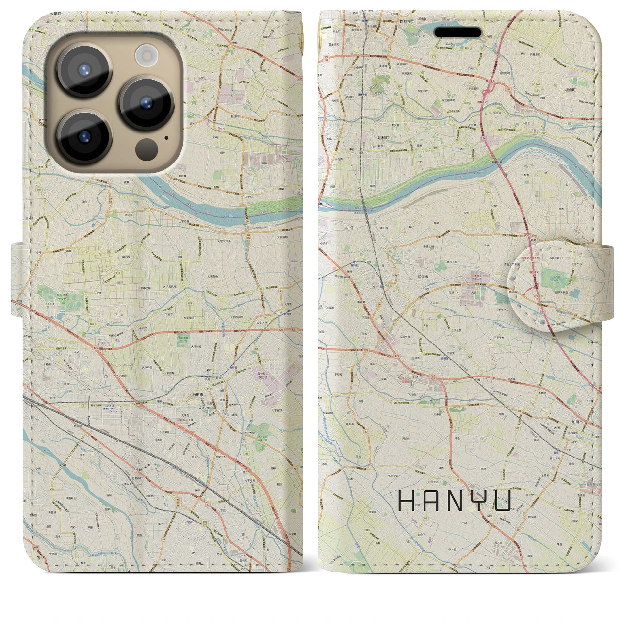 【羽生】地図柄iPhoneケース（手帳両面タイプ・ナチュラル）iPhone 14 Pro Max 用