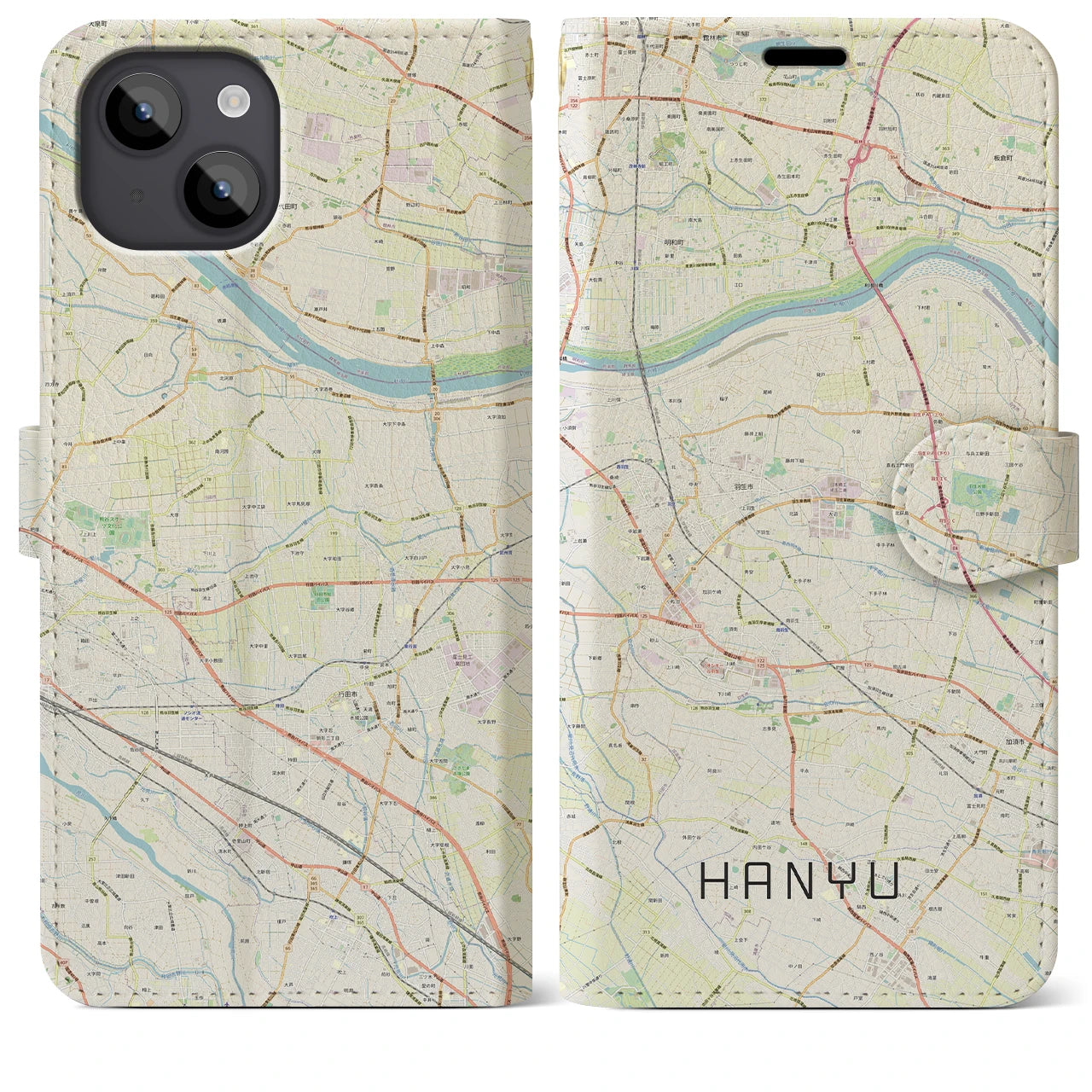 【羽生】地図柄iPhoneケース（手帳両面タイプ・ナチュラル）iPhone 14 Plus 用