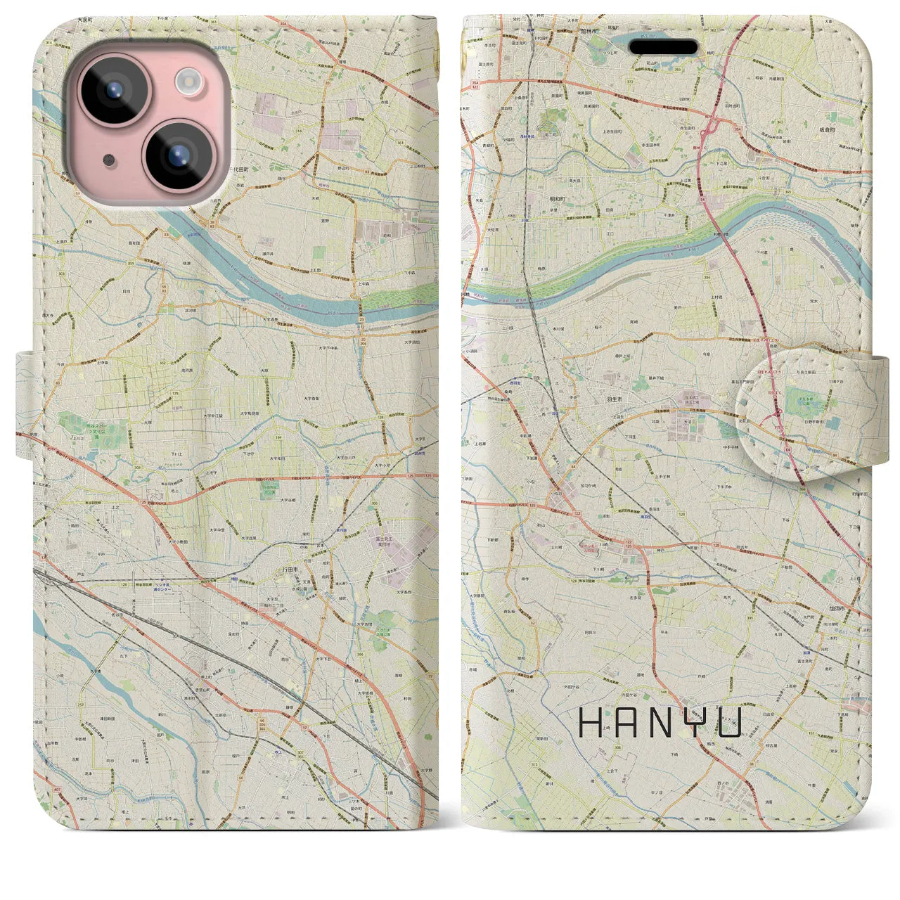 【羽生】地図柄iPhoneケース（手帳両面タイプ・ナチュラル）iPhone 15 Plus 用