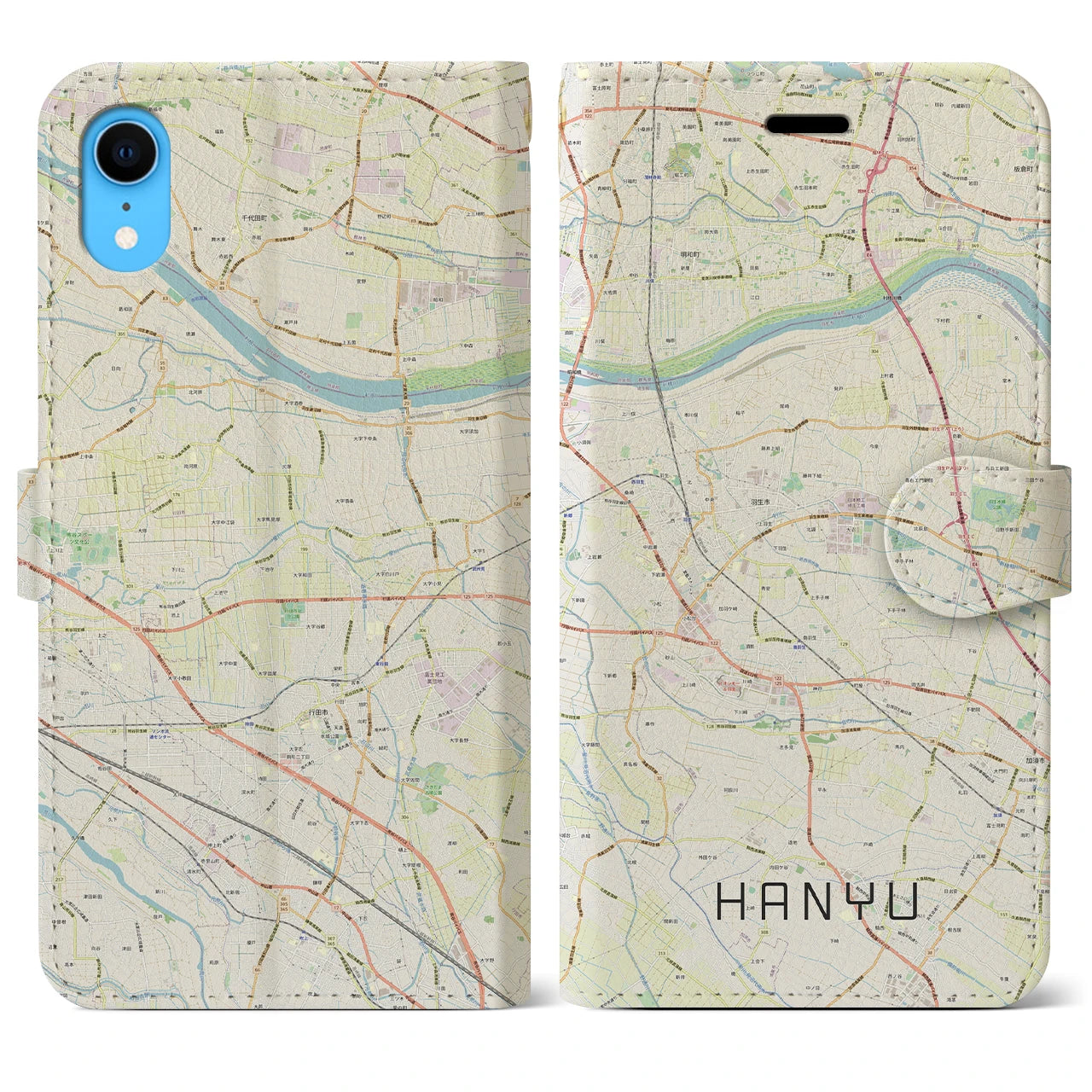 【羽生】地図柄iPhoneケース（手帳両面タイプ・ナチュラル）iPhone XR 用