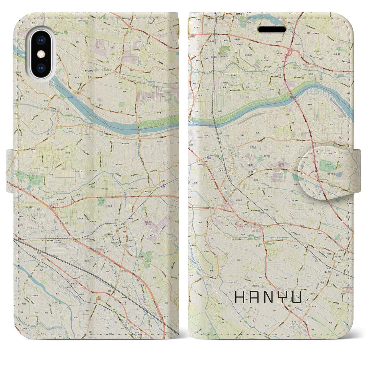 【羽生】地図柄iPhoneケース（手帳両面タイプ・ナチュラル）iPhone XS Max 用