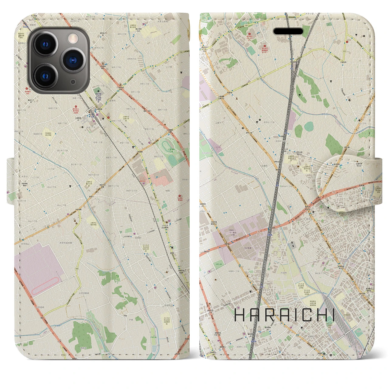 【原市】地図柄iPhoneケース（手帳両面タイプ・ナチュラル）iPhone 11 Pro Max 用
