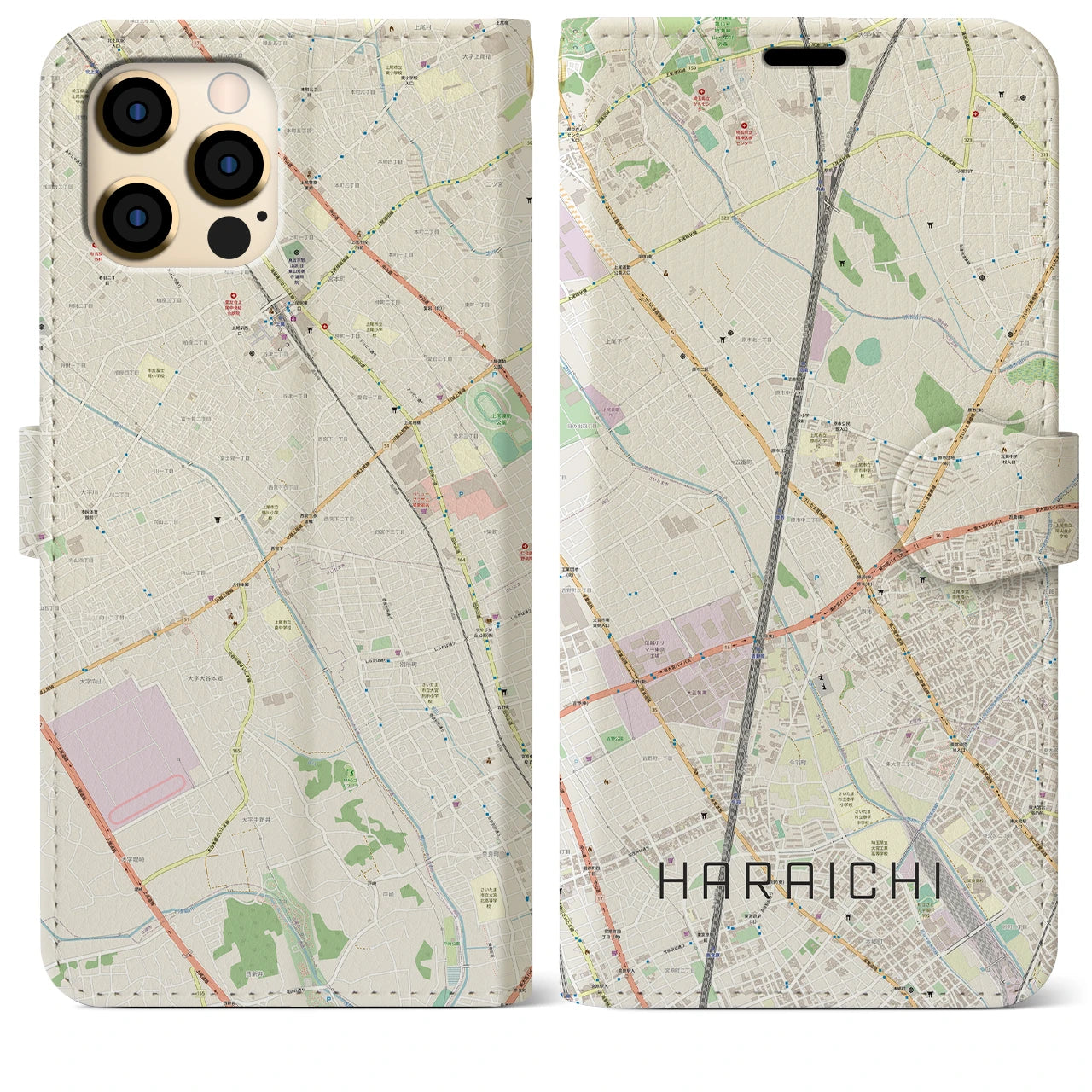 【原市】地図柄iPhoneケース（手帳両面タイプ・ナチュラル）iPhone 12 Pro Max 用