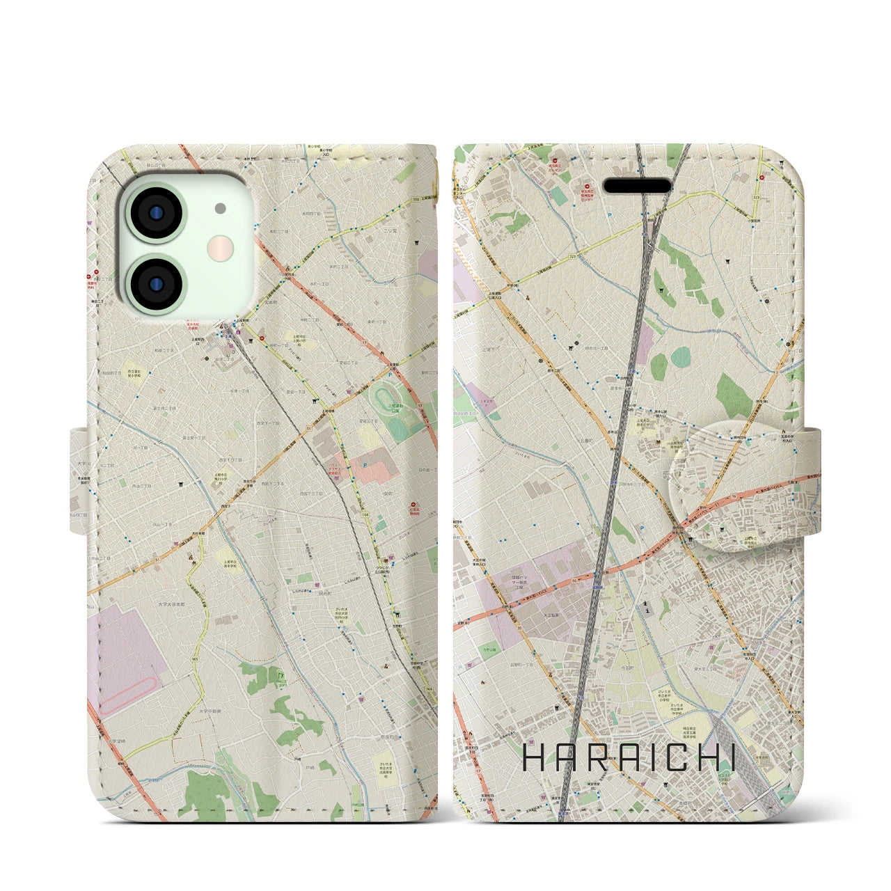 【原市】地図柄iPhoneケース（手帳両面タイプ・ナチュラル）iPhone 12 mini 用