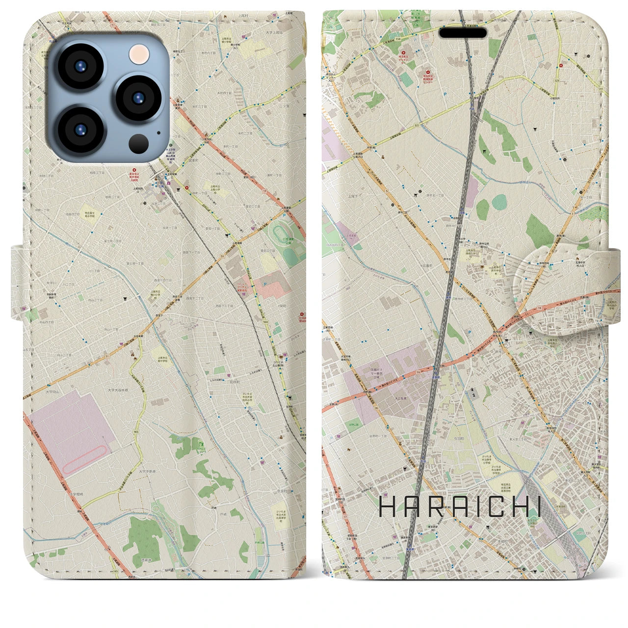 【原市】地図柄iPhoneケース（手帳両面タイプ・ナチュラル）iPhone 13 Pro Max 用