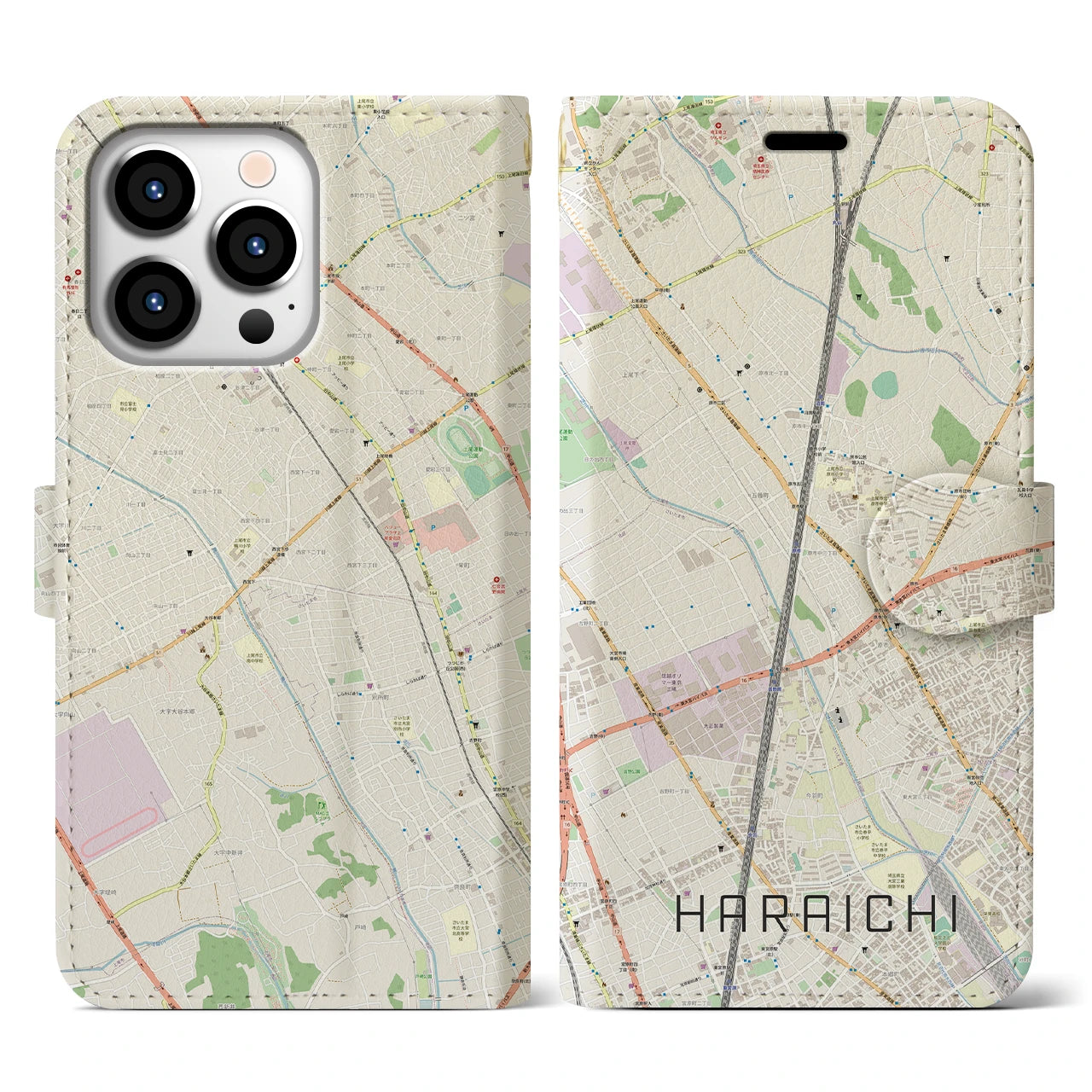 【原市】地図柄iPhoneケース（手帳両面タイプ・ナチュラル）iPhone 13 Pro 用