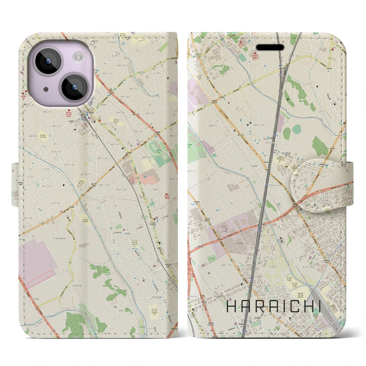 【原市】地図柄iPhoneケース（手帳両面タイプ・ナチュラル）iPhone 14 用