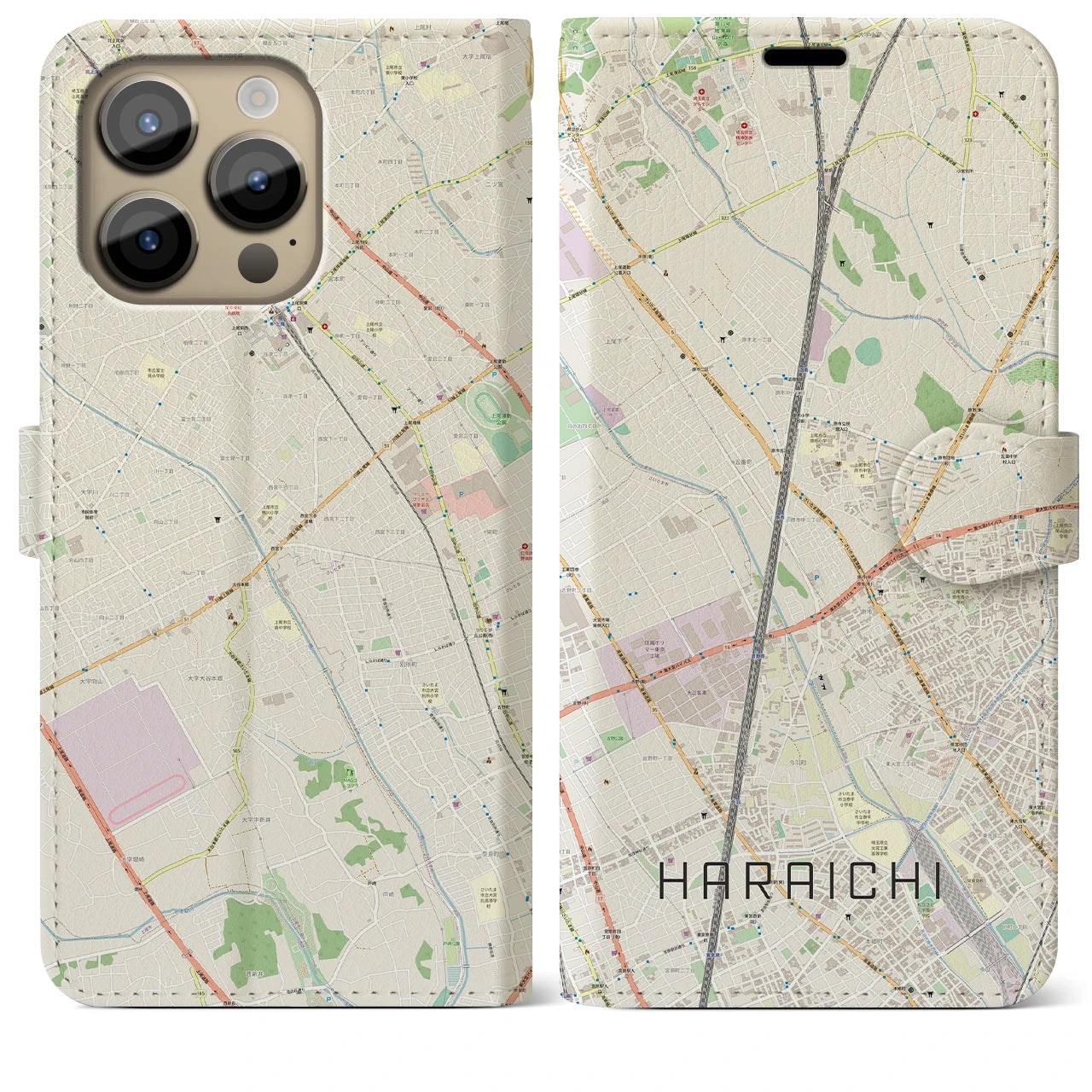 【原市】地図柄iPhoneケース（手帳両面タイプ・ナチュラル）iPhone 14 Pro Max 用