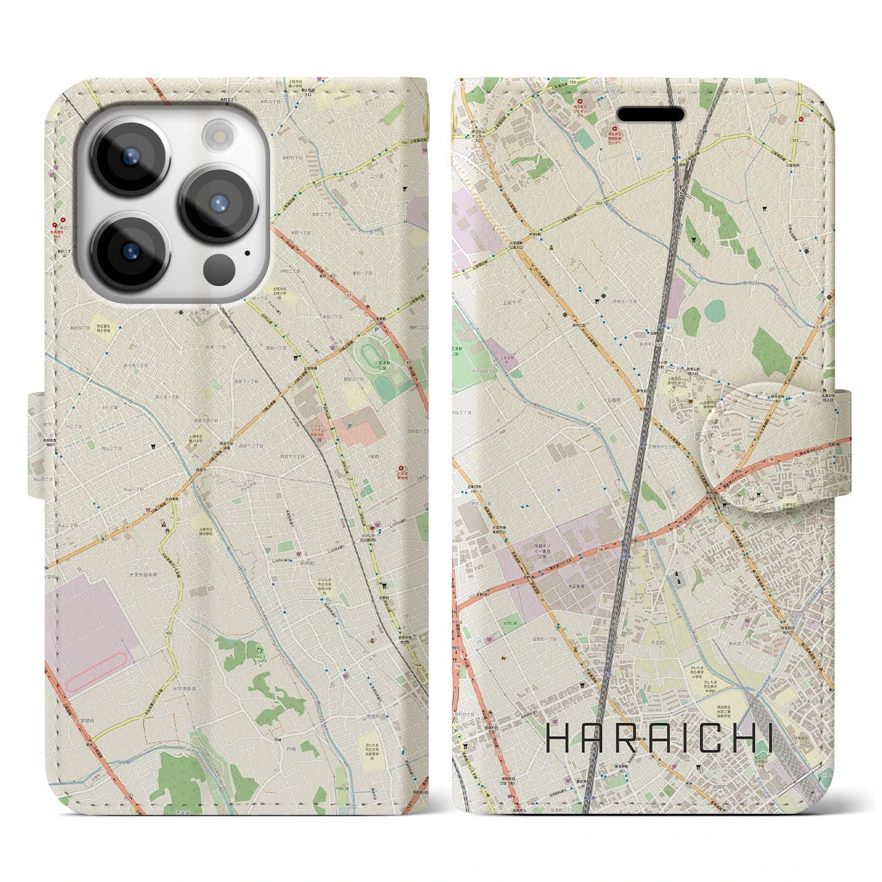 【原市】地図柄iPhoneケース（手帳両面タイプ・ナチュラル）iPhone 14 Pro 用