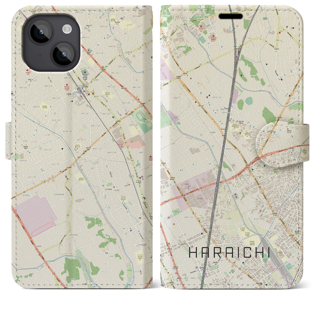 【原市】地図柄iPhoneケース（手帳両面タイプ・ナチュラル）iPhone 14 Plus 用
