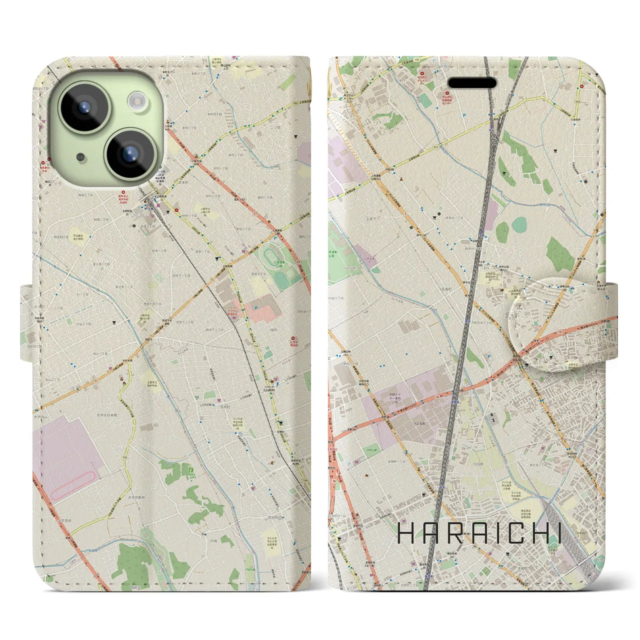 【原市】地図柄iPhoneケース（手帳両面タイプ・ナチュラル）iPhone 15 用