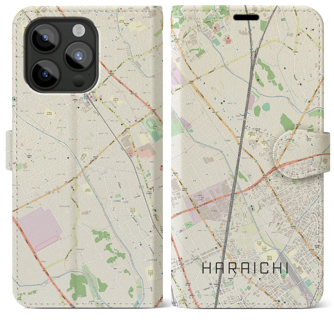 【原市】地図柄iPhoneケース（手帳両面タイプ・ナチュラル）iPhone 15 Pro Max 用