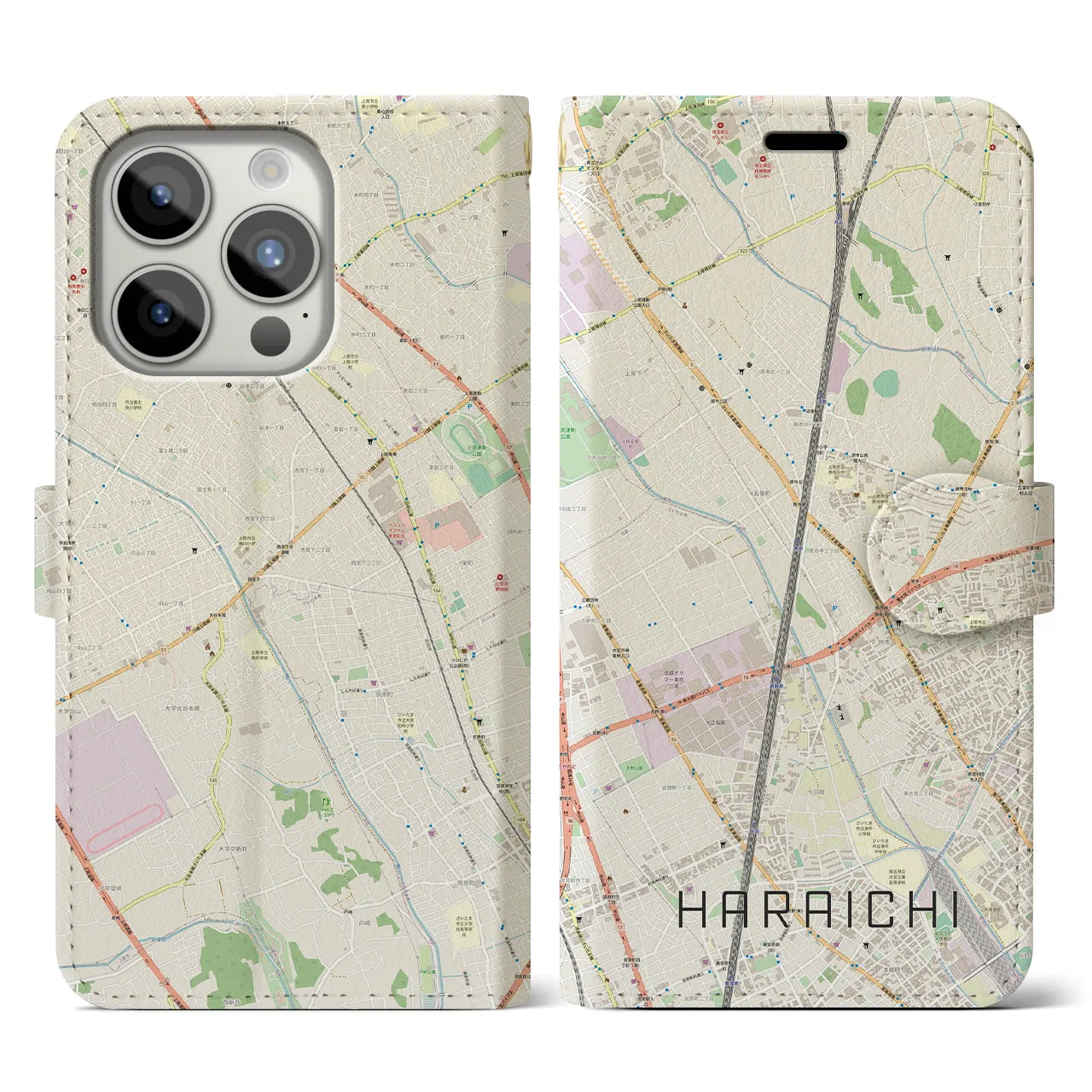【原市】地図柄iPhoneケース（手帳両面タイプ・ナチュラル）iPhone 15 Pro 用