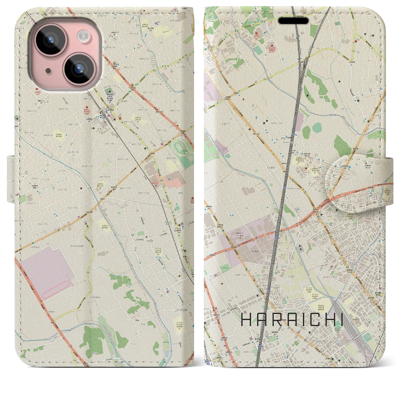 【原市】地図柄iPhoneケース（手帳両面タイプ・ナチュラル）iPhone 15 Plus 用