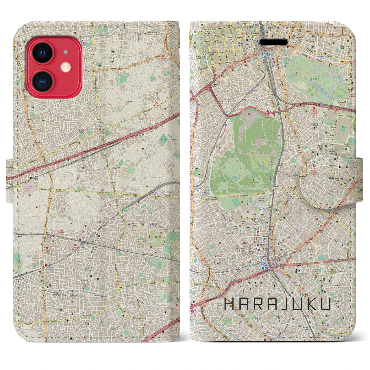 【原宿】地図柄iPhoneケース（手帳両面タイプ・ナチュラル）iPhone 11 用