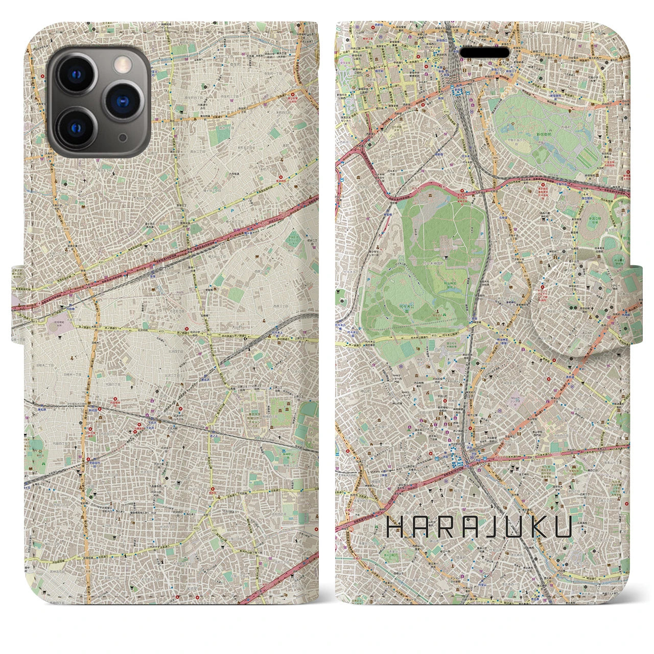 【原宿】地図柄iPhoneケース（手帳両面タイプ・ナチュラル）iPhone 11 Pro Max 用