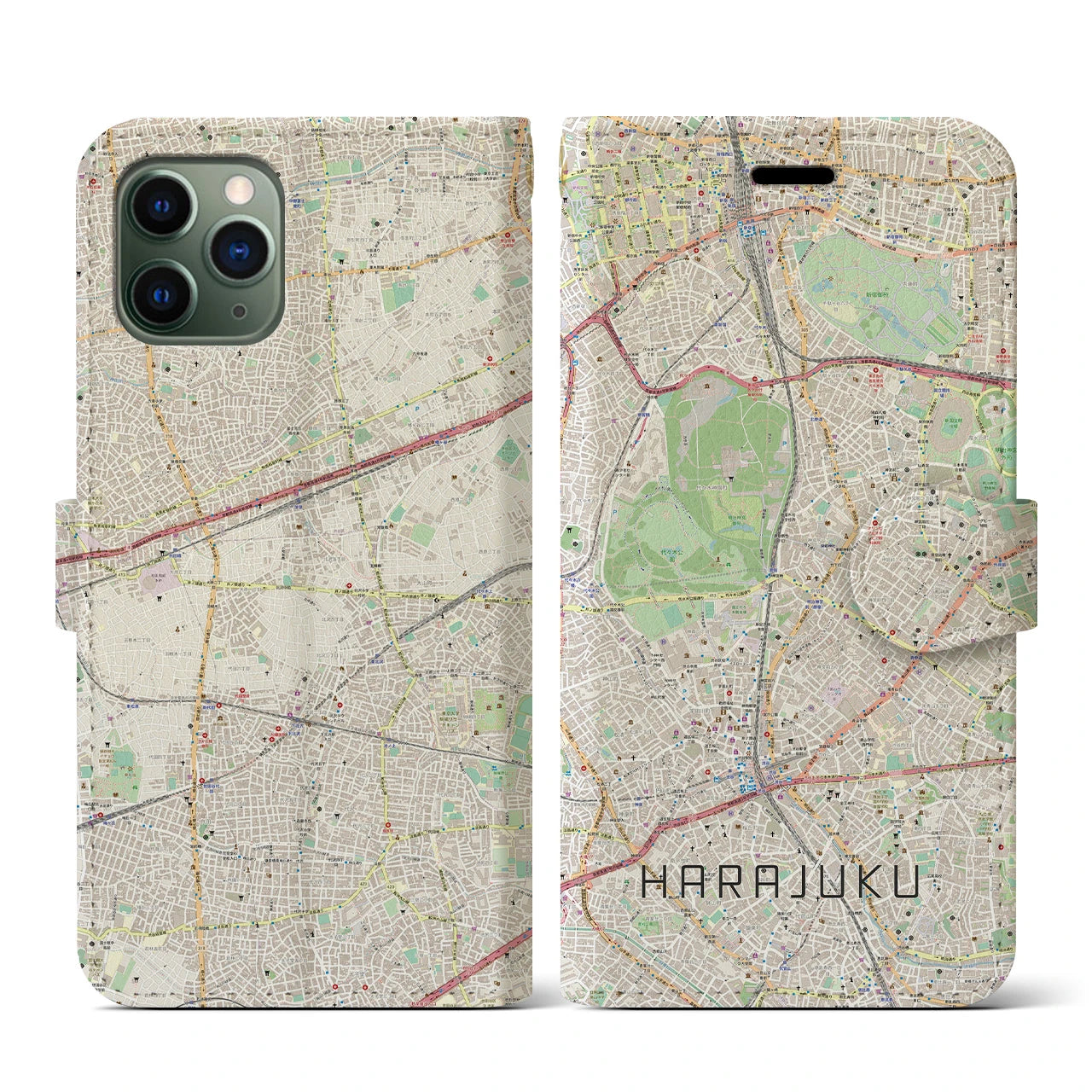 【原宿】地図柄iPhoneケース（手帳両面タイプ・ナチュラル）iPhone 11 Pro 用