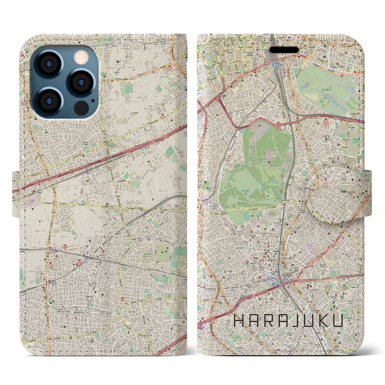 【原宿】地図柄iPhoneケース（手帳両面タイプ・ナチュラル）iPhone 12 / 12 Pro 用