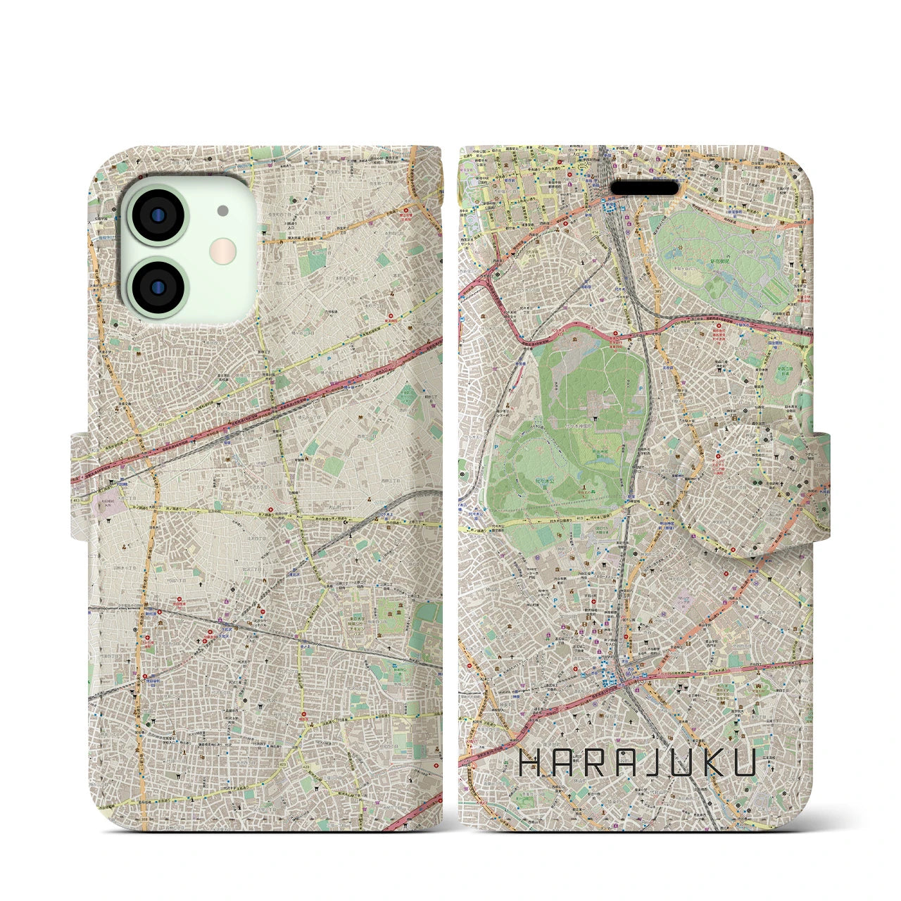 【原宿】地図柄iPhoneケース（手帳両面タイプ・ナチュラル）iPhone 12 mini 用