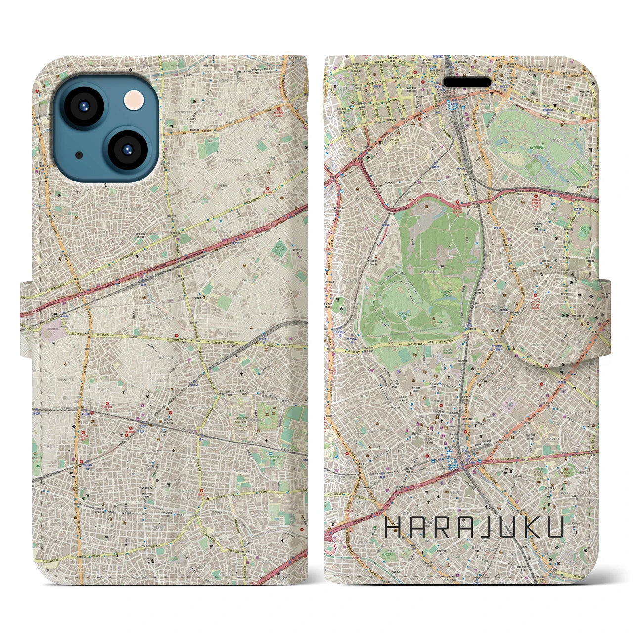 【原宿】地図柄iPhoneケース（手帳両面タイプ・ナチュラル）iPhone 13 用
