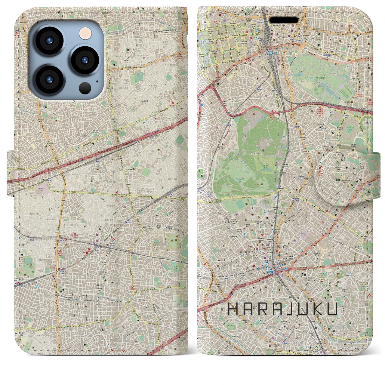 【原宿】地図柄iPhoneケース（手帳両面タイプ・ナチュラル）iPhone 13 Pro Max 用