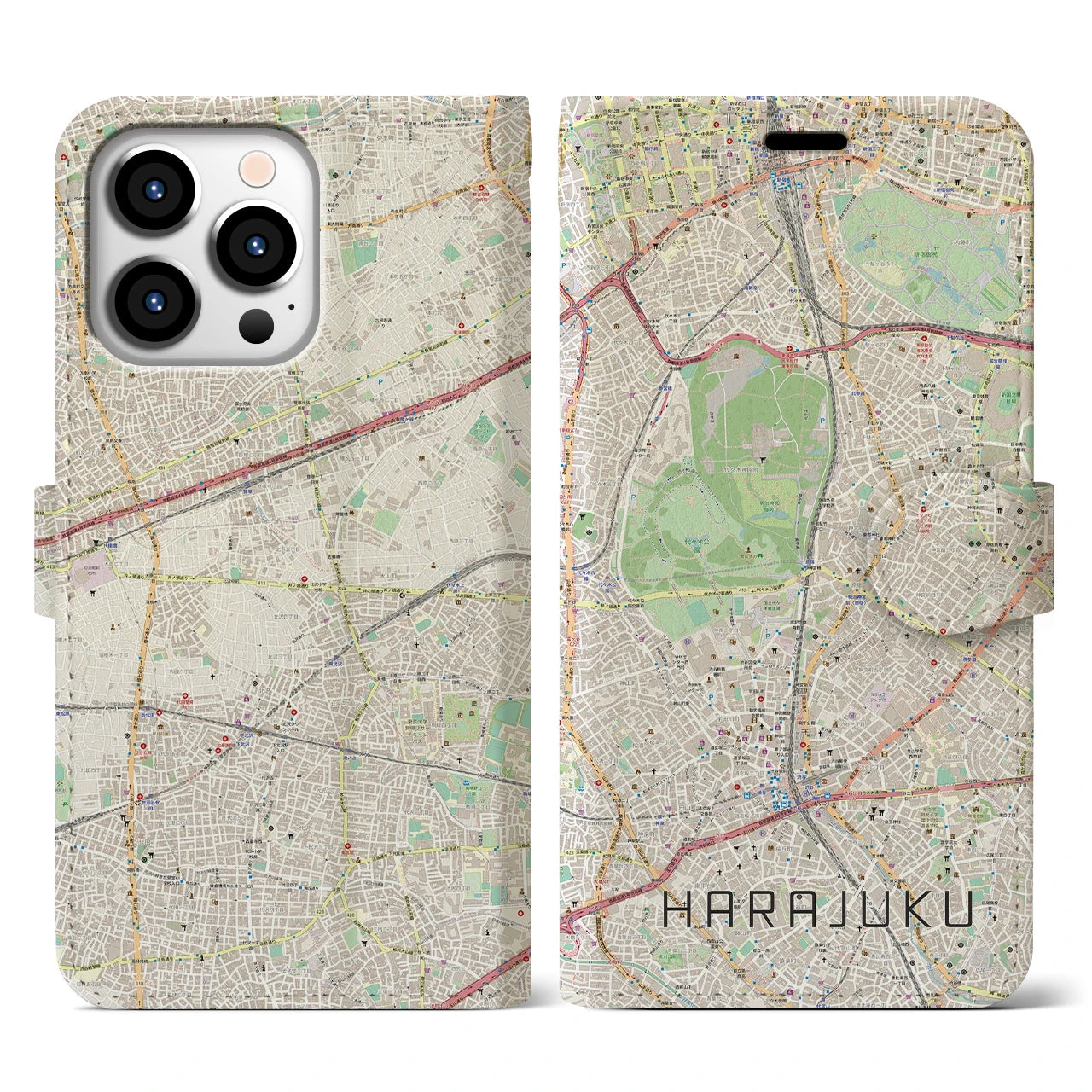 【原宿】地図柄iPhoneケース（手帳両面タイプ・ナチュラル）iPhone 13 Pro 用