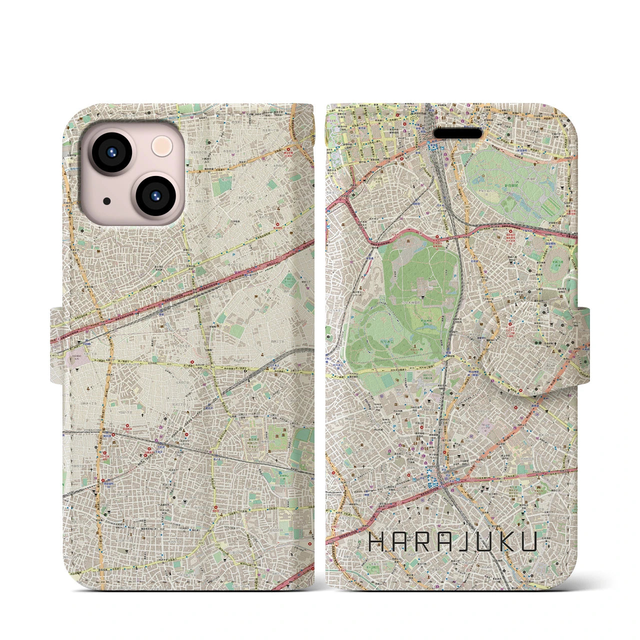 【原宿】地図柄iPhoneケース（手帳両面タイプ・ナチュラル）iPhone 13 mini 用
