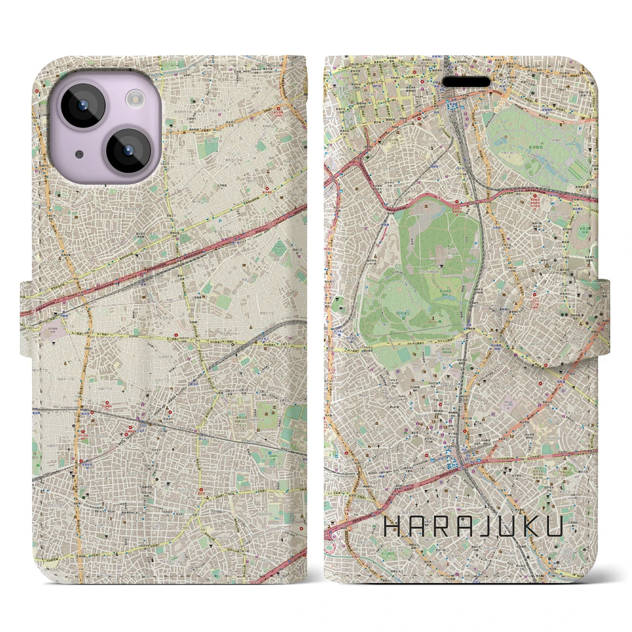 【原宿】地図柄iPhoneケース（手帳両面タイプ・ナチュラル）iPhone 14 用