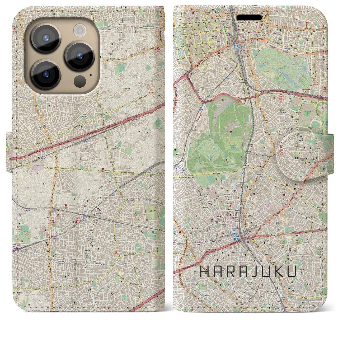 【原宿】地図柄iPhoneケース（手帳両面タイプ・ナチュラル）iPhone 14 Pro Max 用