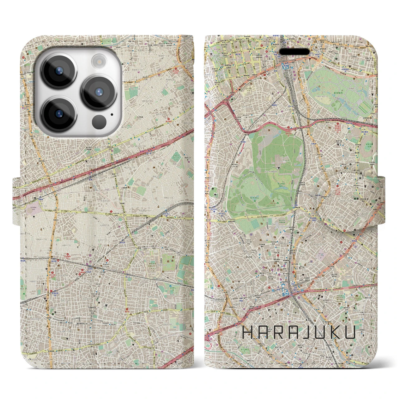 【原宿】地図柄iPhoneケース（手帳両面タイプ・ナチュラル）iPhone 14 Pro 用