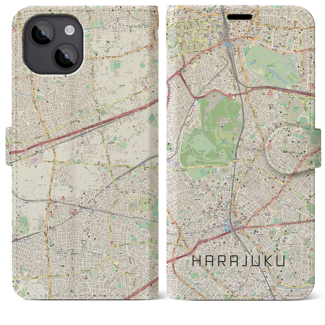 【原宿】地図柄iPhoneケース（手帳両面タイプ・ナチュラル）iPhone 14 Plus 用