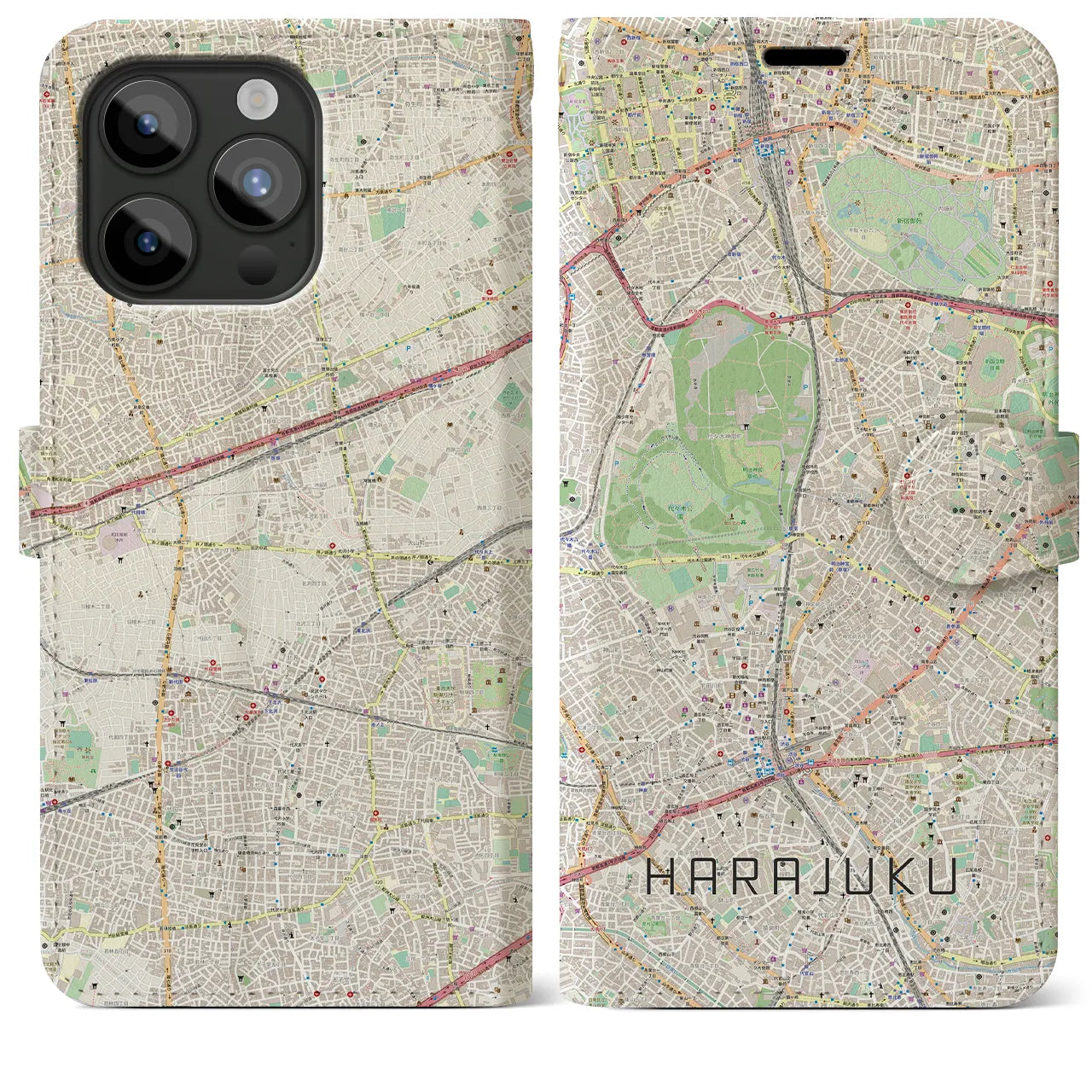 【原宿】地図柄iPhoneケース（手帳両面タイプ・ナチュラル）iPhone 15 Pro Max 用