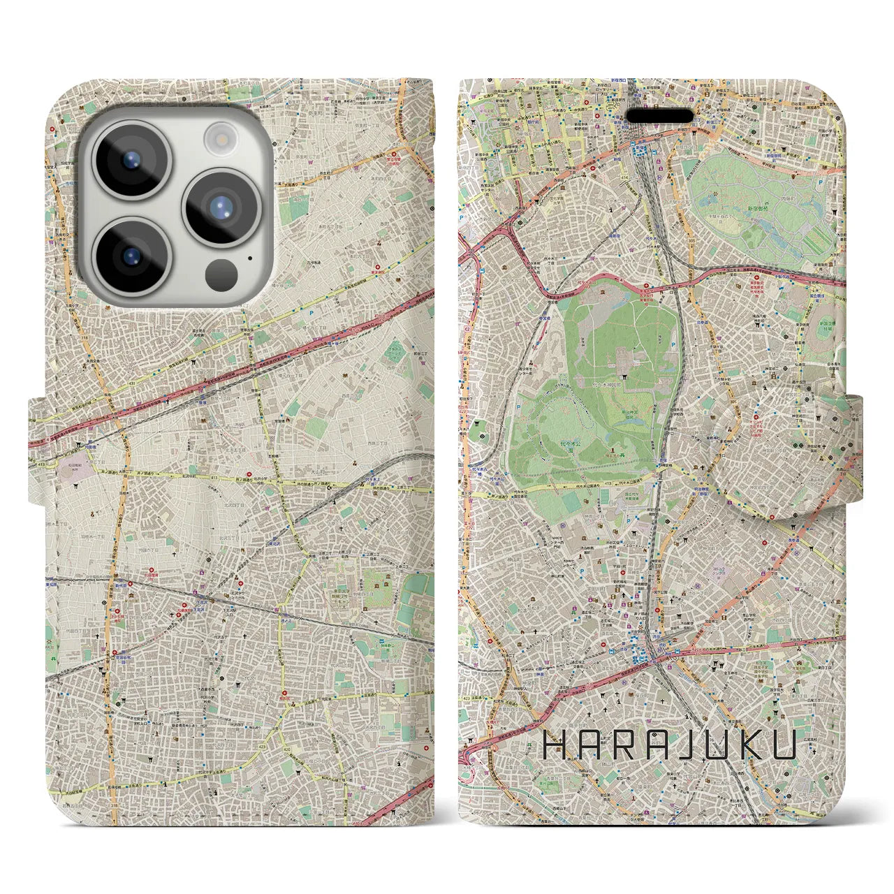 【原宿】地図柄iPhoneケース（手帳両面タイプ・ナチュラル）iPhone 15 Pro 用