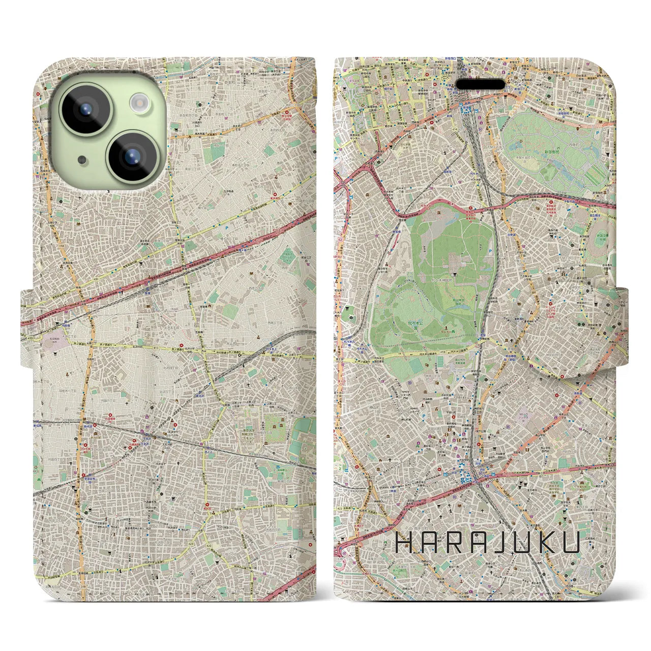 【原宿】地図柄iPhoneケース（手帳両面タイプ・ナチュラル）iPhone 15 用
