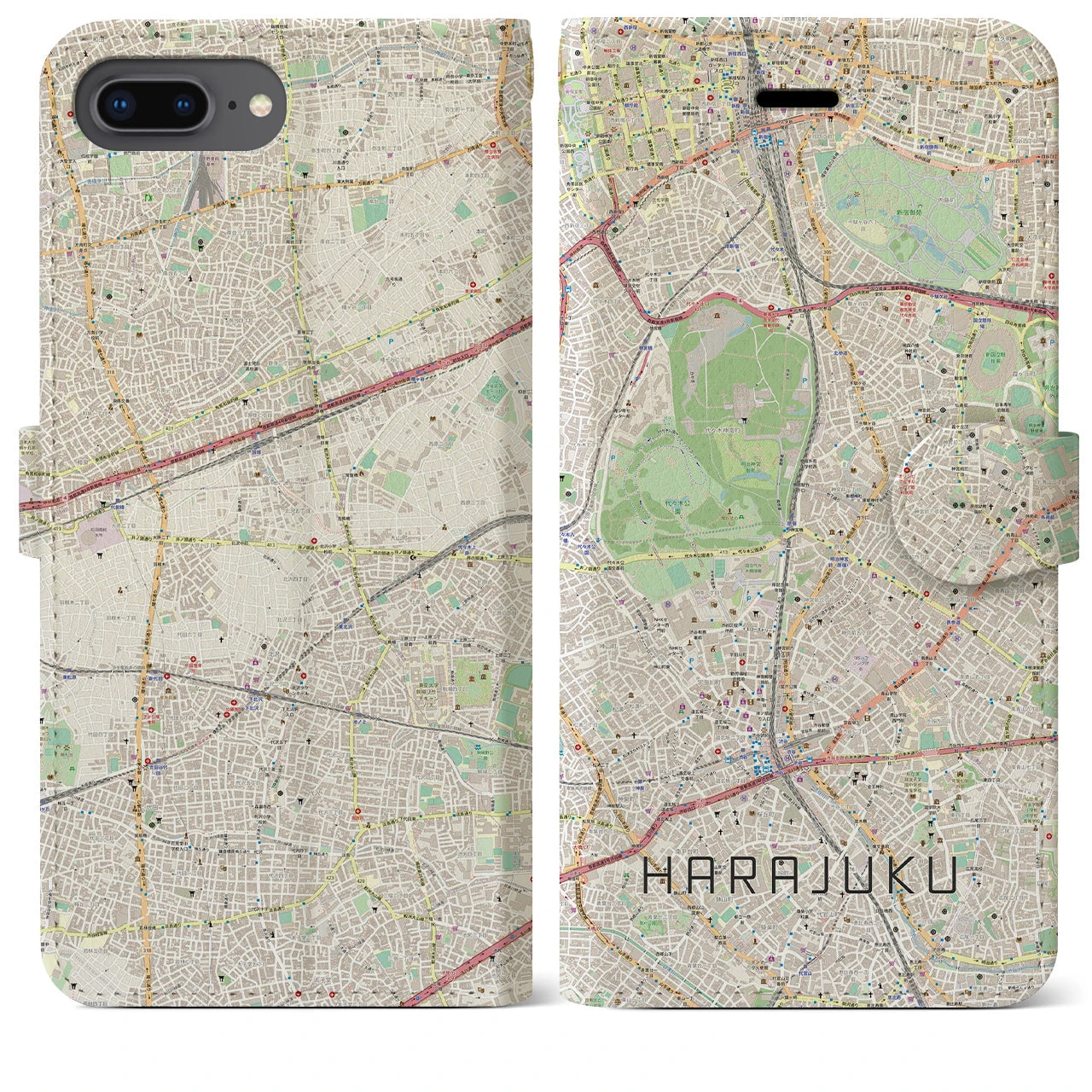 【原宿】地図柄iPhoneケース（手帳両面タイプ・ナチュラル）iPhone 8Plus /7Plus / 6sPlus / 6Plus 用