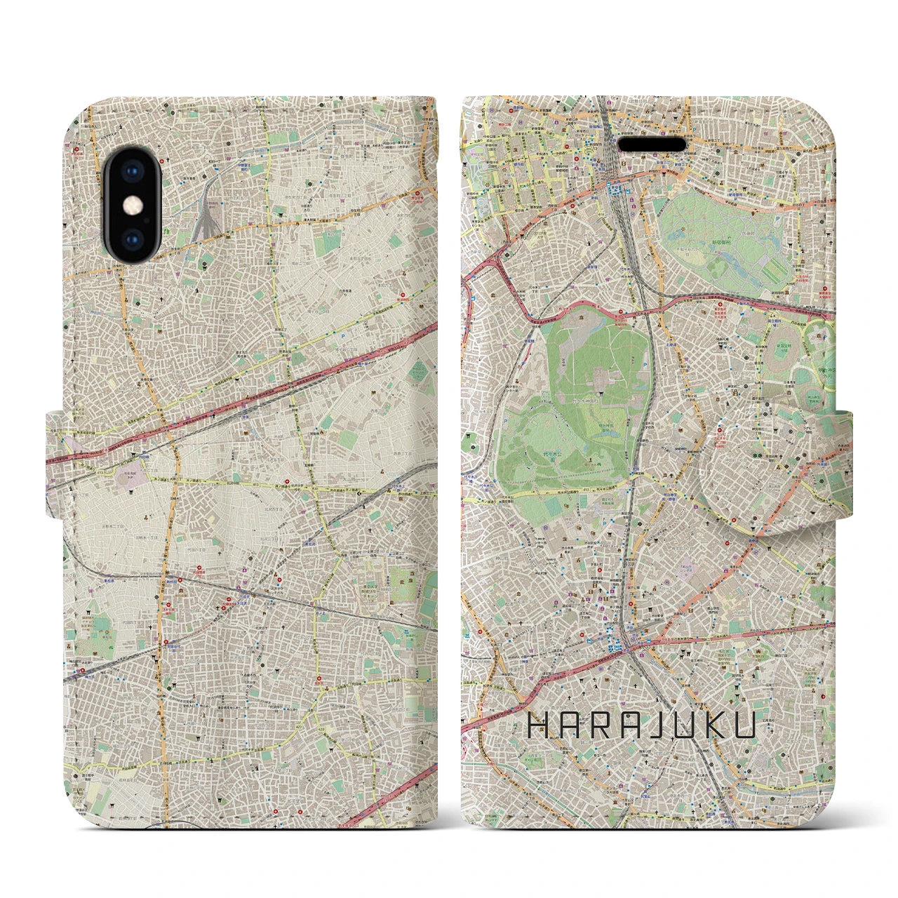 【原宿】地図柄iPhoneケース（手帳両面タイプ・ナチュラル）iPhone XS / X 用