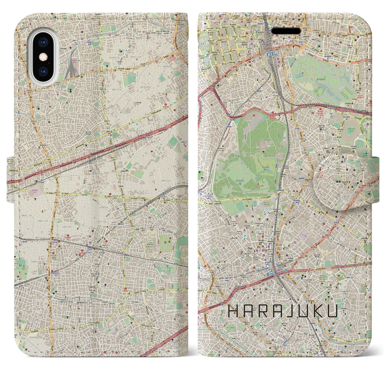 【原宿】地図柄iPhoneケース（手帳両面タイプ・ナチュラル）iPhone XS Max 用